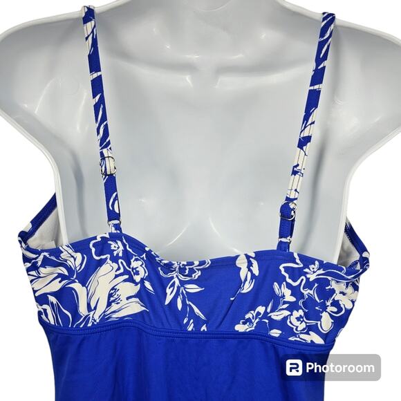 Gabar One Piece Swimsuit Royal Blue & Floral, V Neck with Ruffle Women's Size 14 - Picture 10 of 12